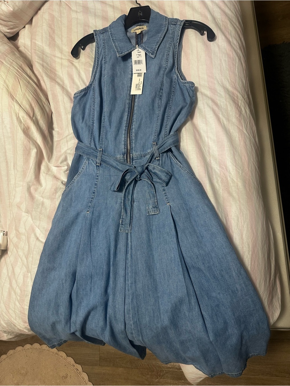 L'AGENCE Light Blue Denim Sleeveless Zip-Tie Midi Dress
